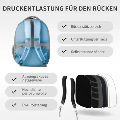 Rucksack mit Druckentlastung für den Rücken. Eigenschaften: Rückenstützbereich, Unterstützung der Taille, reflektierende Bänder, atmungsaktives Netzgewebe, hochdichte Perlbaumwolle, EVA-Polsterung.