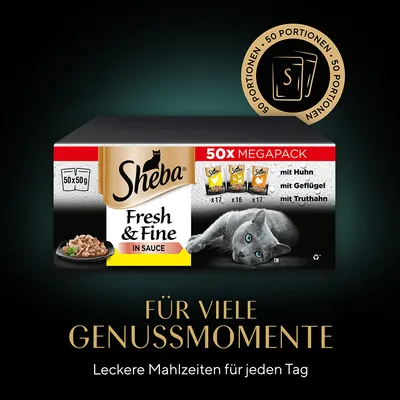 Упаковка Sheba Fresh & Fine in Sauce, 50 порций по 50 г: 17 с курицей, 16 с птицей, 17 с индейкой. Видны изображения паучей и лежащая кошка.