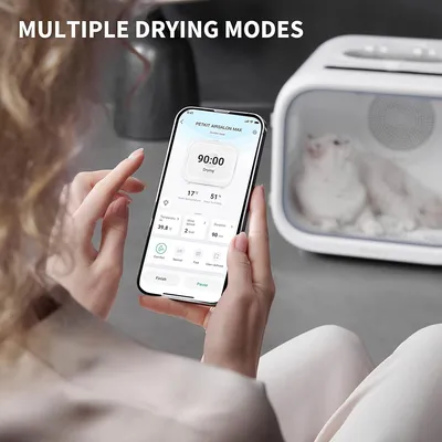 Smartphone displays control app for PETKIT AirSalon Max with drying time, temperature and humidity. Text: Multiple Drying Modes.