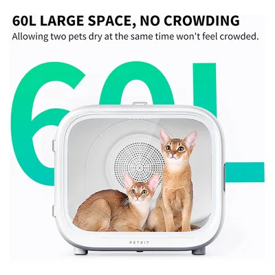 PETKIT drying device with 60L capacity, suitable for two pets at the same time. Text: 'Large space, no crowding'. Two cats visible inside the device.