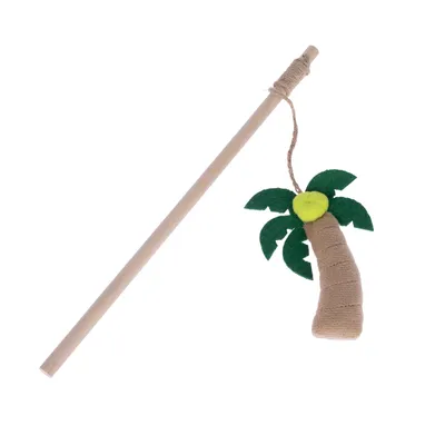 Canne à jouer pour chat avec baguette en bois et jouet suspendu en forme de palmier en tissu, feuilles vertes et boule jaune visibles.