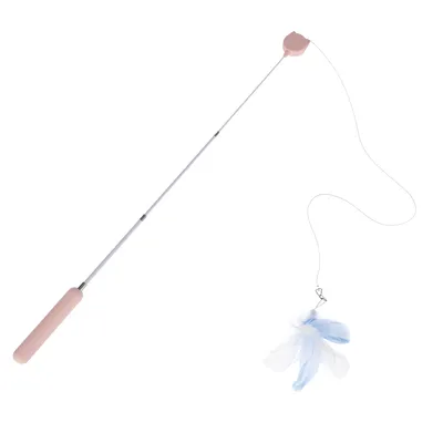Play wand with pink handle, silver rod and blue-white feathers at the end. Suitable for interactive play.