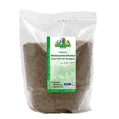 Mélange de graines pour perruches HUGRO Bird Care, sachet 4 000 g, texte visible : Wellensittichfutter Seed Mix for Budgies, Spezial-Mischung special mix, made in Germany.