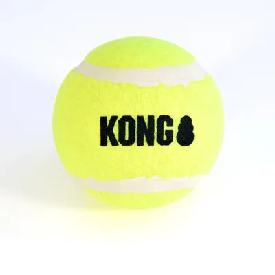 Yellow tennis ball with white stripe and black KONG logo in the centre.