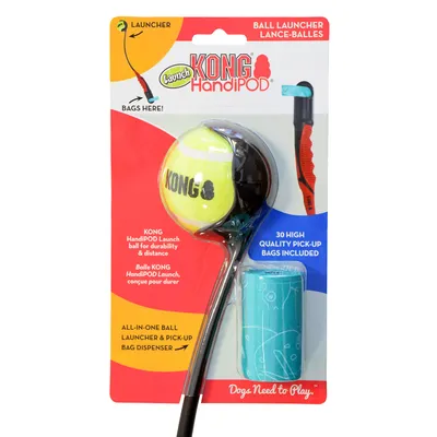 KONG HandiPOD Ball Launcher with durable ball and 30 high-quality waste bags. All-in-one ball thrower and bag dispenser. Text: Dogs Need to Play.