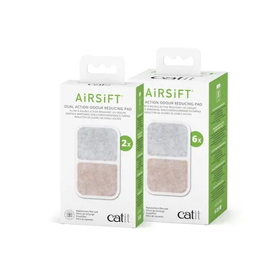 Filtres de rechange Catit AiRSiFT double action, 2x et 6x, présentés en boîtes blanches avec images des deux types de filtres visibles sur chaque emballage.