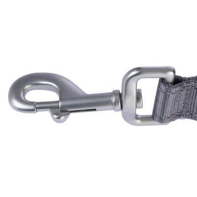 Metalen karabijnhaak met grijze nylon band, geschikt voor bevestiging aan hondenriemen of accessoires.