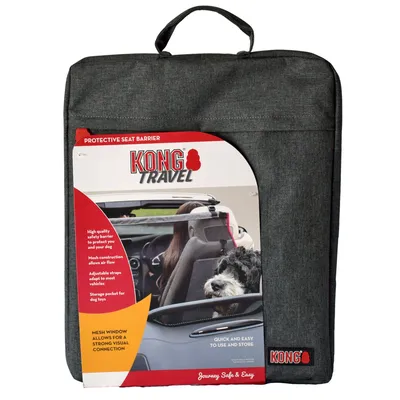 KONG Travel beschermingsbarrière voor autostoelen. Hoogwaardige veiligheidsbarrière met netraam, verstelbare riemen en opbergruimte voor hondenspeelgoed. Eenvoudig te gebruiken en op te bergen.