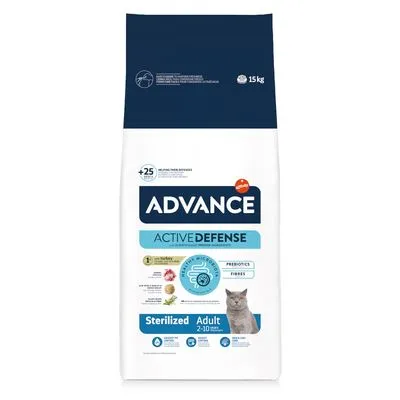 ADVANCE Active Defense Sterilized Adult kattenvoer, 15 kg zak, met afbeelding van kat en zichtbare tekst: prebiotica, vezels, +25 miljoen probiotica, voor gesteriliseerde volwassen katten.