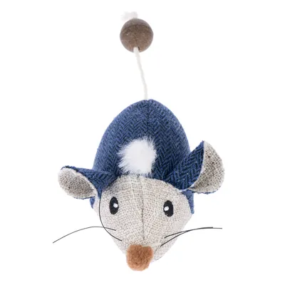 Fabric toy mouse with blue cap, white fur tuft and string with ball at the end.