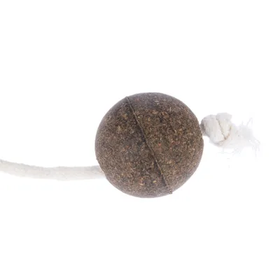 Toy made of brown natural material in ball shape with white cord and knot.