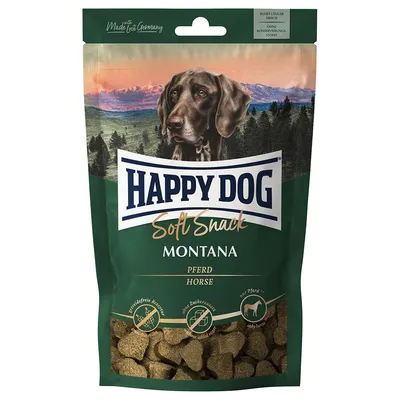 Happy Dog Soft Snack Montana, Pferd. Getreidefreie Rezeptur, ohne Zuckerzusatz, aus Pferd. Made in Germany. Verpackung mit Hundebild und Landschaftshintergrund.