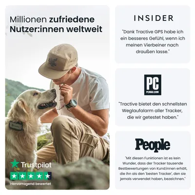 Millionen zufriedene Nutzer:innen weltweit. Trustpilot: Hervorragend bewertet mit 5 Sternen. Insider, PCMag und People loben Tractive GPS als besten Tracker mit schnellem Weglaufalarm.