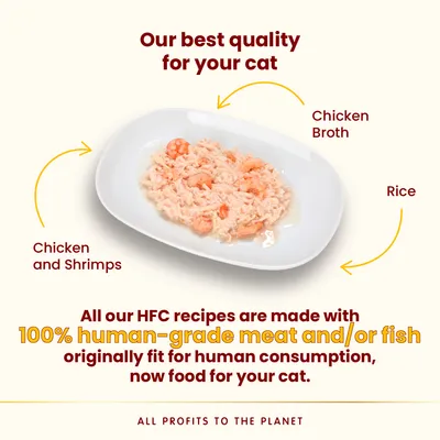 Our best quality for your cat. Chicken and Shrimps, Chicken Broth, Rice. All our HFC recipes are made with 100% human-grade meat and/or fish originally fit for human consumption.