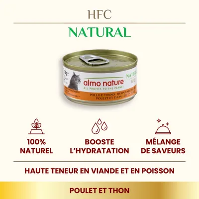 Boîte de nourriture pour chat almo nature HFC Natural, poulet et thon. Texte visible : 100 % naturel, booste l’hydratation, mélange de saveurs, haute teneur en viande et en poisson.