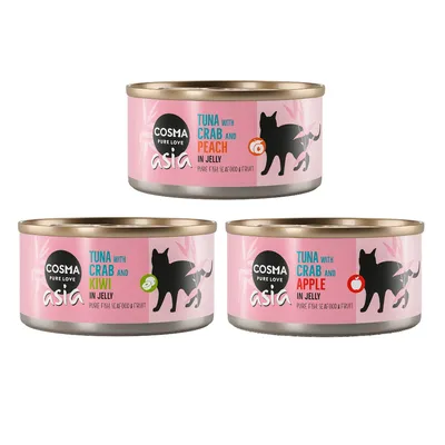 Cosma Asia Katzenfutter in Gelee: Thunfisch mit Krabbe und Pfirsich, Thunfisch mit Krabbe und Kiwi, Thunfisch mit Krabbe und Apfel. Pure Fisch, Meeresfrüchte & Obst.