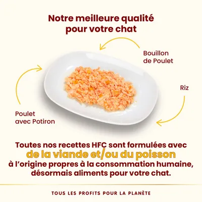 Assiette de nourriture pour chat avec poulet, potiron, riz et bouillon de poulet. Texte : recettes HFC à base de viande et/ou poisson propres à la consommation humaine, désormais aliments pour chats.