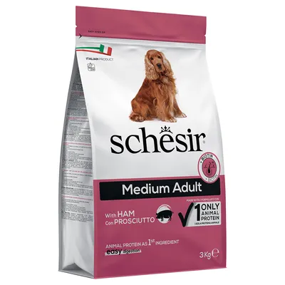 Schesir Medium Adult корм для собак с ветчиной, биотином, животным белком в качестве первого ингредиента, легкоусвояемый. Итальянский продукт, упаковка 3 кг.