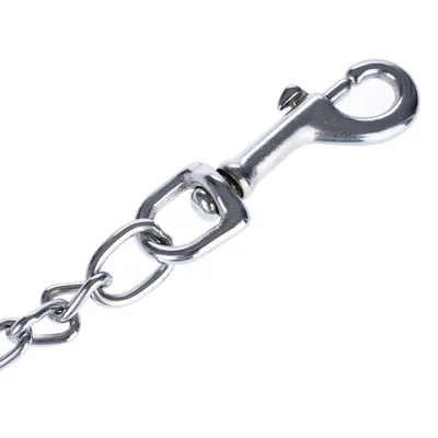 Metalen ketting met karabijnhaak en draaibaar scharnier, geschikt voor bevestigingen.