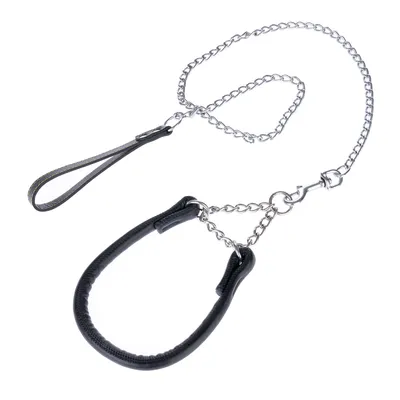 Hondenriem met ketting en zwart handvat, van metaal en leer.