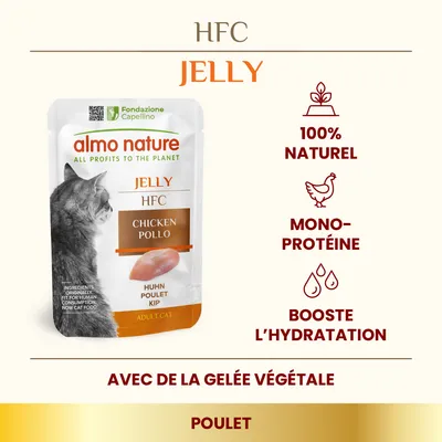almo nature HFC Jelly Chicken Pollo pour chat adulte, 100 % naturel, mono-protéine, booste l’hydratation, avec de la gelée végétale, poulet. Texte en anglais et néerlandais visible.