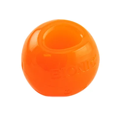 Orange ball with the inscription 'BIONIC', made of plastic, hollow and round.