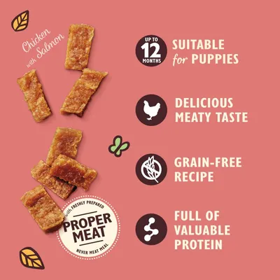 Chicken with salmon treats, suitable for puppies up to 12 months. Delicious meaty taste, grain-free recipe, full of valuable protein, made with freshly prepared proper meat.