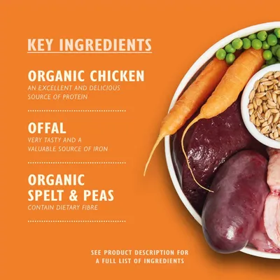 Key ingredients: organic chicken, an excellent and delicious source of protein; offal, a valuable source of iron; organic spelt and peas, contain dietary fibre.