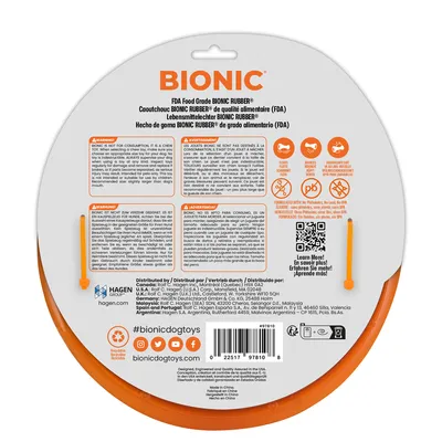 BIONIC FDA food grade bionic rubber. Warning: Not suitable for consumption, use only as a chew toy. More information at bionicdogtoys.com. QR code for additional details.