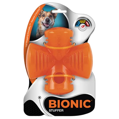 BIONIC Stuffer, pomarańczowa zabawka o wysokiej trwałości. Skala wytrzymałości: Treat, Strong, Bionic.