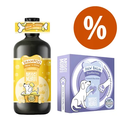 Max & Molly Shampoo 'Wow 'n Glow' zabpehellyel és avokádóval, valamint 'Pawfection' mancsbalzsam kókusz- és sheavajjal. Mindkét termék 100%-ban természetes. Százalékjel látható a kedvezményhez.