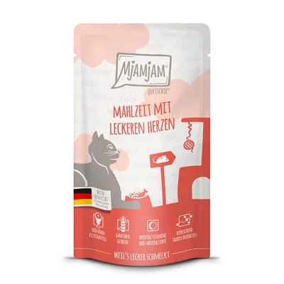 Mjamjam Mahlzeit mit leckeren Herzen, Duitse vlag, zonder toegevoegde suikers, graanvrij, met essentiële vitaminen en mineralen. Tekst op verpakking in het Duits.