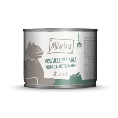 MjAMjAM Katzennassfutter, vorzügliches Kalb und leckerer Truthahn, getreidefrei, Dose mit Katzenmotiv.