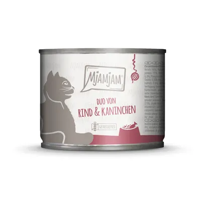 Mjamjam Duo von Rind & Kaninchen, getreidefrei. Abbildung einer Dose mit Inhaltsangaben und Illustration einer Katze.