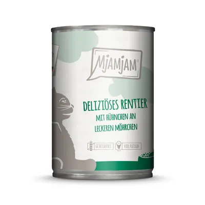 MjAMjAM Delikates Rentier mit Hühnchen und Möhrchen. Getreidefrei, hoher Fleischanteil.