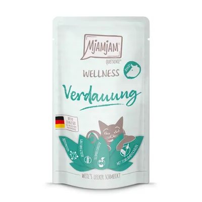 Mjamjam Quetsche Wellness spijsvertering met rund. Beste kwaliteit uit Duitse productie. Met psylliumzaadschillen, zonder toegevoegde suiker, graanvrij.