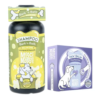Max & Molly Urban Pets Shampoo Bark'n Bath mit Lemongrass und Kamille, All-in-One, natürliche Basis. Paw Balm Pawfection mit Kokosnuss und Sheabutter, pflegend und feuchtigkeitsspendend.