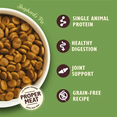 Dry food in bowl with text: single animal protein, healthy digestion, joint support, grain-free recipe. Badge reads: with freshly prepared proper meat, never meat meal.