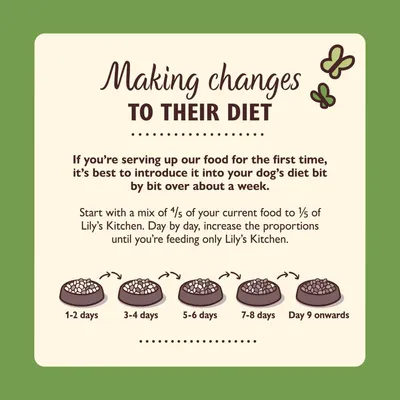 Feeding guide showing how to gradually switch pet food over a week: start with mostly current food, increase new food daily, until only the new food is served from day 9 onwards.