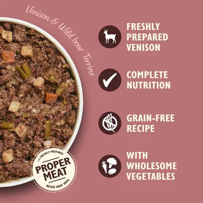 Venison and wild boar terrine with freshly prepared venison, complete nutrition, grain-free recipe, and wholesome vegetables. Label states 'proper meat, never meat meal'.