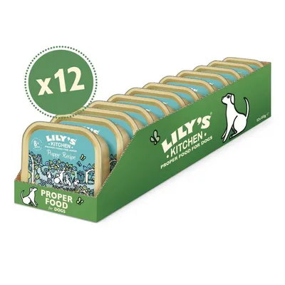 Pack of 12 Lily's Kitchen Proper Food for Dogs trays, Puppy Recipe, displayed in green box. Each tray is 150g.