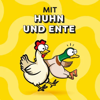 S piščancem in raco. Ilustracija piščanca in race na rumeni podlagi.