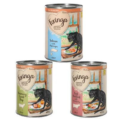 Feringa wet food for cats, varieties: salmon with asparagus, rosemary lamb chop, beef meatball with carrot & pea, 400g cans. For adult cats.