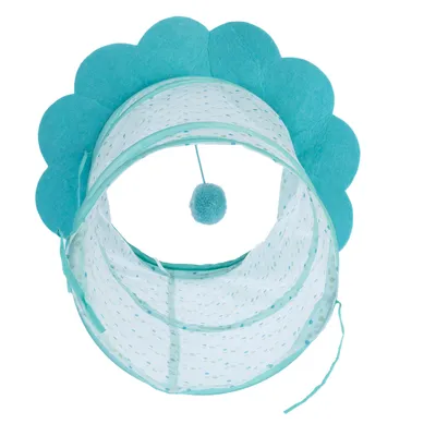 Turquoise play tunnel with polka dot pattern and hanging plush ball, suitable for interactive play.