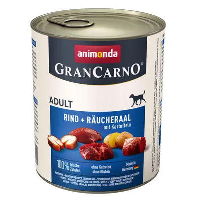 GranCarno Adult beef and smoked eel with potatoes, 100% fresh ingredients, grain-free, gluten-free, made in Germany. Product label shows meat, fish, and potatoes.