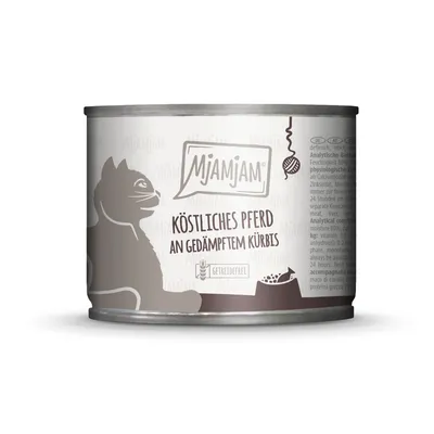 Mjamjam Katzenfutter, Köstliches Pferd an gedämpftem Kürbis, getreidefrei. Dose mit Inhaltsangaben und Illustration einer Katze.