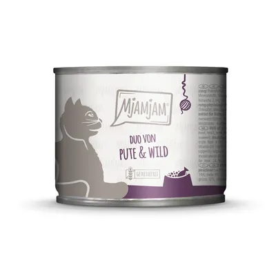 Mjamjam Nassfutter Duo von Pute & Wild, getreidefrei, Dose mit Katzenmotiv und Fütterungsempfehlung auf der Seite.