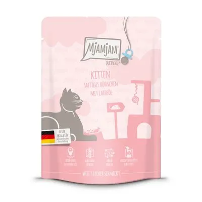Mjamjam Kitten zacht kippenvlees met zalmolie. Beste kwaliteit uit Duitsland. Pictogrammen: graanvrij, zonder toegevoegde suikers, compleetvoer, verse ingrediënten.