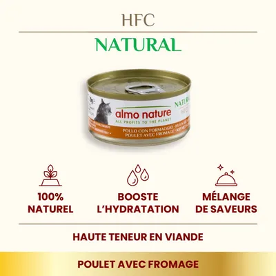 almo nature HFC Natural, boîte Poulet avec fromage pour chat. 100% naturel, booste l’hydratation, mélange de saveurs, haute teneur en viande. Texte visible en français et anglais.