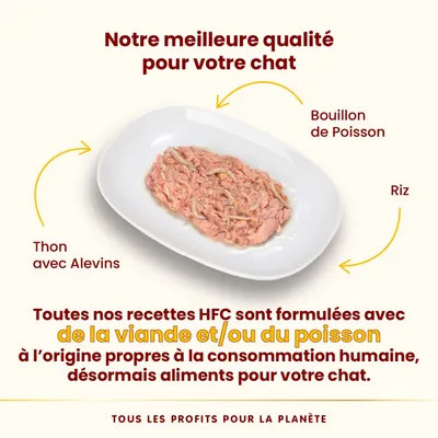Assiette avec thon et alevins, bouillon de poisson et riz. Texte : Toutes nos recettes HFC sont formulées avec de la viande et/ou du poisson propres à la consommation humaine.